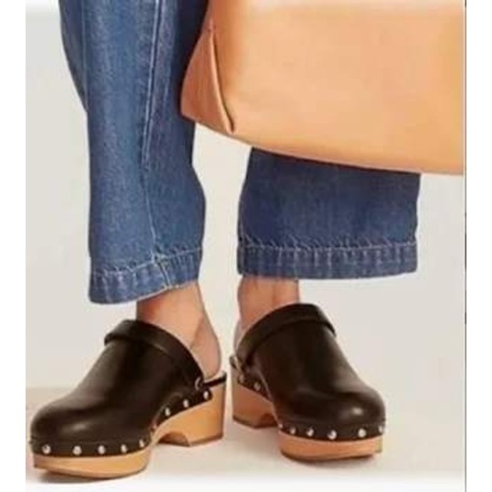 J.Crew Convertible Leather Wooden Clogs Studded Slingback Black Sz 10 Scandi